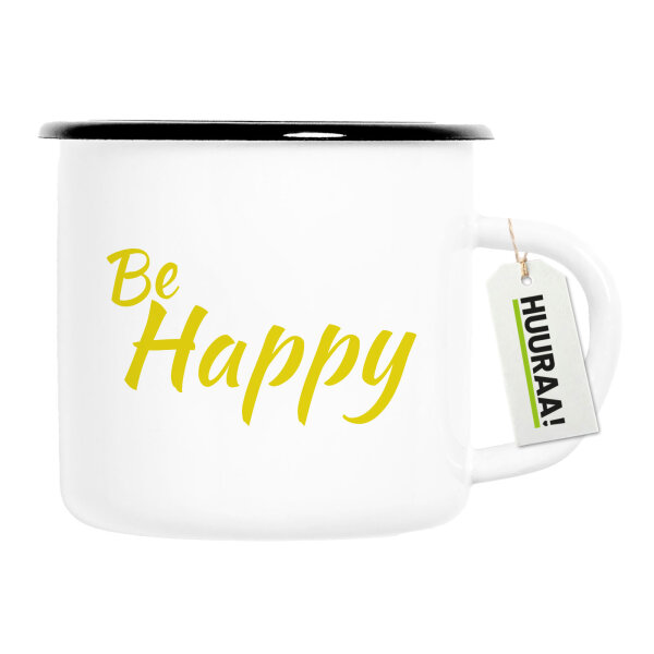 Emaille Tasse Be Happy Schriftzug 300ml Vintage Emaille Becher