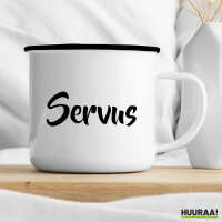 Emaille Tasse Servus Schriftzug 300ml Vintage Emaille Becher