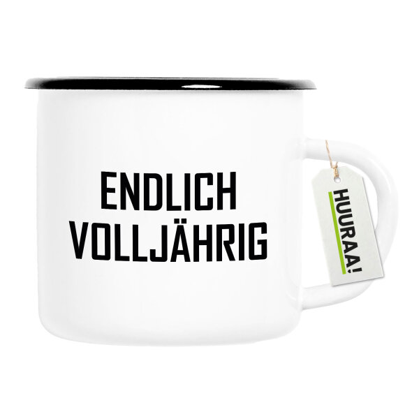 Emaille Tasse Endlich Volljährig Schriftzug 300ml Vintage Emaille Becher