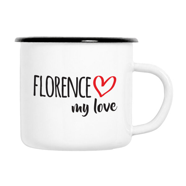 Emaille Tasse Florence my love in Weiß, 300 ml