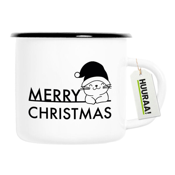 Emaille Tasse Merry Christmas Katze 300ml Vintage Emaille Becher