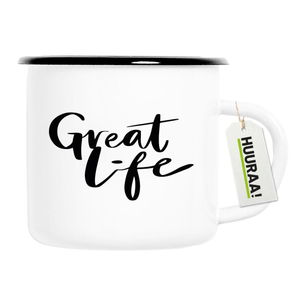 Emaille Tasse Great Life Schriftzug 300ml Vintage Emaille Becher