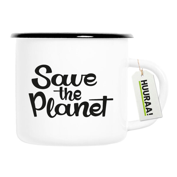 Emaille Tasse Save the Planet Schriftzug 300ml Vintage Emaille Becher