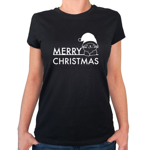 Damen T-Shirt Merry Christmas Katze Größe XS-XXL