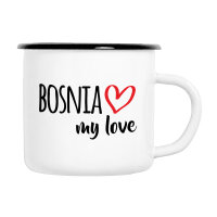 Emaille Tasse Bosnia my love in Wei&szlig;, 300 ml