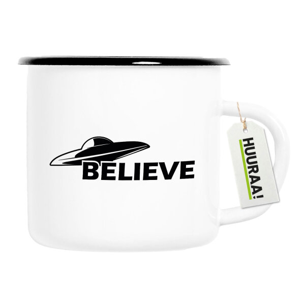 Emaille Tasse UFO Believe 300ml Vintage Emaille Becher