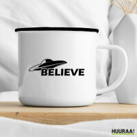 Emaille Tasse UFO Believe 300ml Vintage Emaille Becher