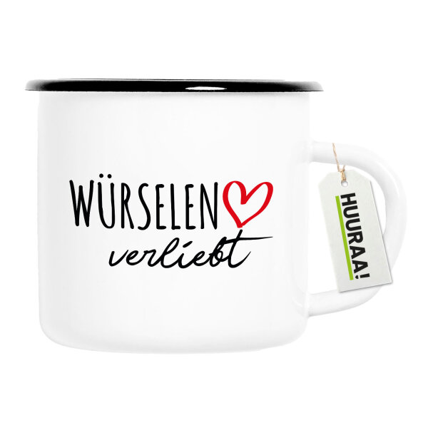 Emaille Tasse Würselen verliebt 300ml Vintage Emaille Becher