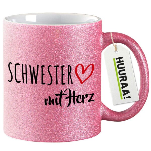 Kaffeebecher Schwester mit Herz 330ml Pink