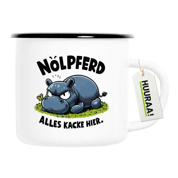 Emaille Tasse Nölpferd, alles kacke Nilpferd 300ml Vintage Emaille Becher