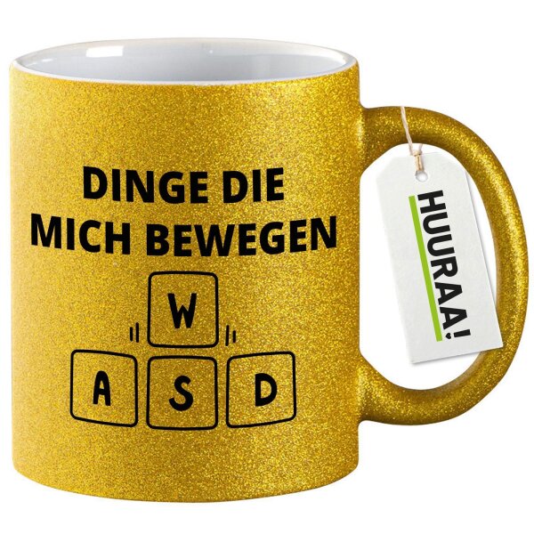 Glitzertasse Dinge die mich bewegen Tastatur W A S D 330ml