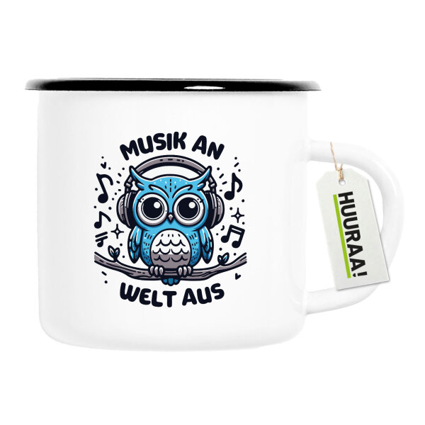 Emaille Tasse Musik an Welt aus Eule 300ml Vintage Emaille Becher