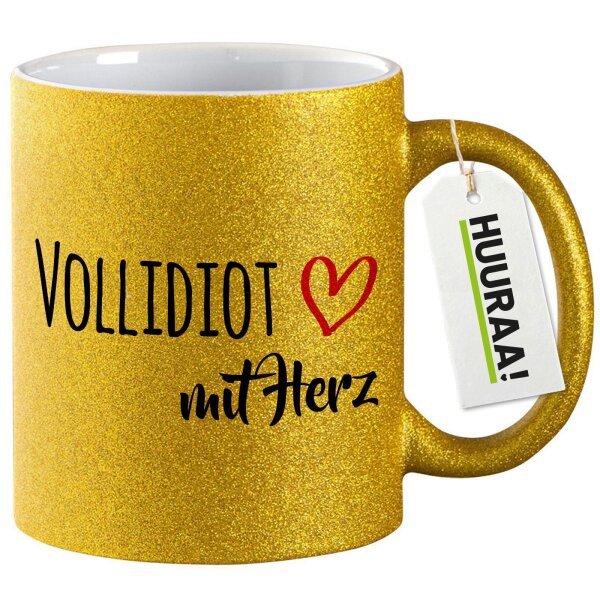 Glitzertasse Vollidiot mit Herz 330ml
