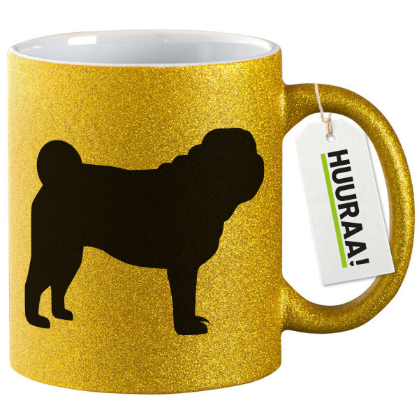 Glitzertasse Mops Silhouette 330ml