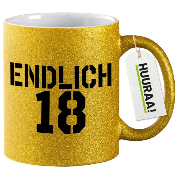 Glitzertasse Endlich 18 Schriftzug 330ml