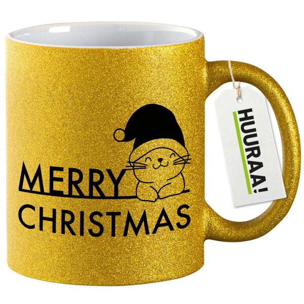 Glitzertasse Merry Christmas Katze 330ml