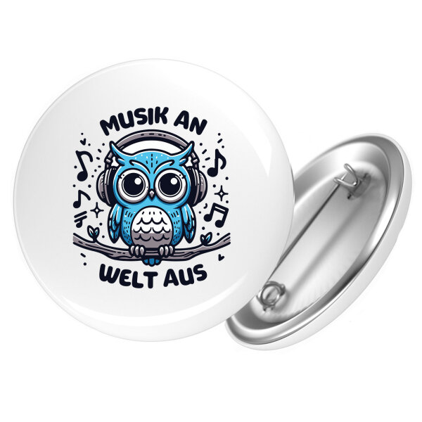 Button Musik an Welt aus Eule rund