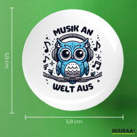 Button Musik an Welt aus Eule rund