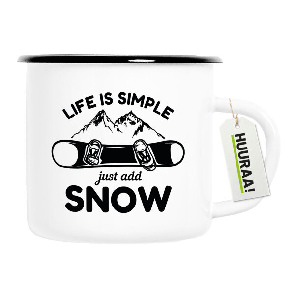 Emaille Tasse Snowboard Just add snow 300ml Vintage