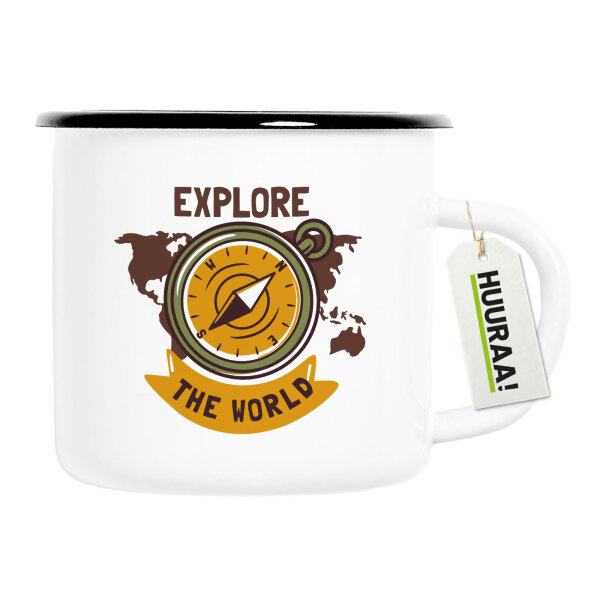 Emaille Tasse Explore the world Kompass 300ml Vintage Emaille Becher