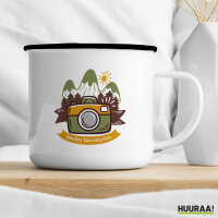 Emaille Tasse Enjoy travelling Kamera 300ml Vintage