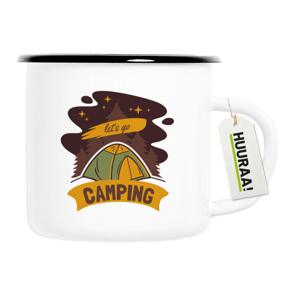 Emaille Tasse let´s go camping Zelt 300ml Vintage Emaille Becher