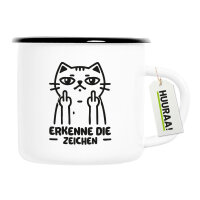 Emaille Tasse Erkenne die Zeichen grimmige Katze 300ml Vintage
