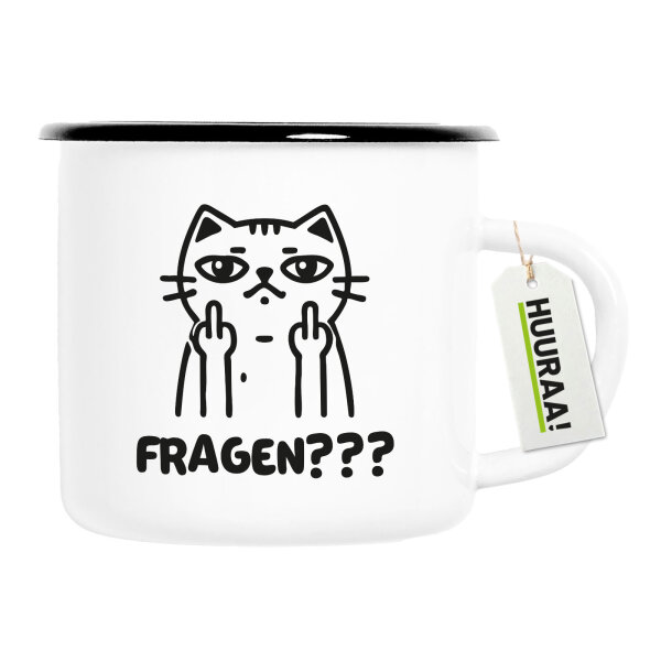 Emaille Tasse Fragen? grimmige Katze 300ml Vintage Emaille Becher