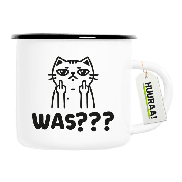 Emaille Tasse Was? grimmige Katze 300ml Vintage Emaille Becher