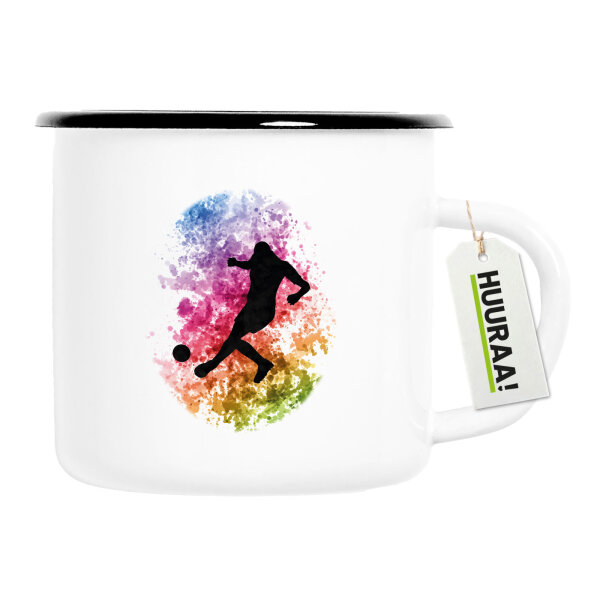 Emaille Tasse Fußballspieler bunte Silhouette 300ml Vintage