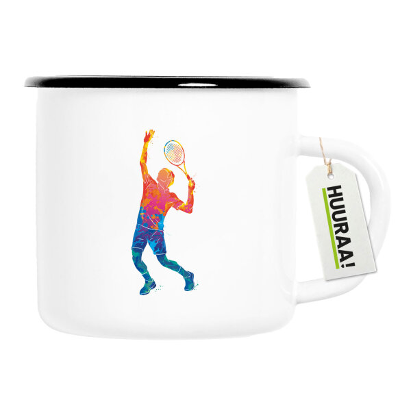 Emaille Tasse Tennis Spieler bunte Silhouette 300ml Vintage Emaille Becher