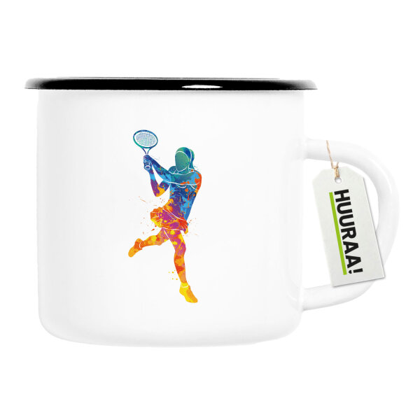 Emaille Tasse Tennis Spielerin bunte Silhouette 300ml Vintage