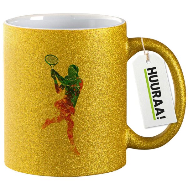 Glitzertasse Tennis Spielerin bunte Silhouette 330ml