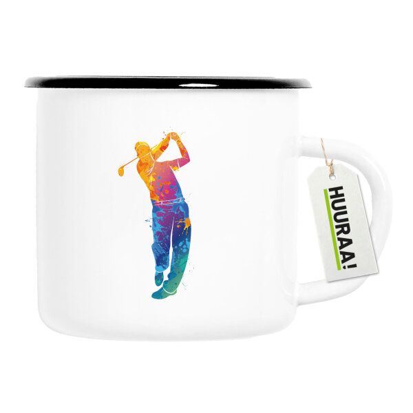 Emaille Tasse Golf Spieler bunte Silhouette 300ml Vintage Emaille Becher