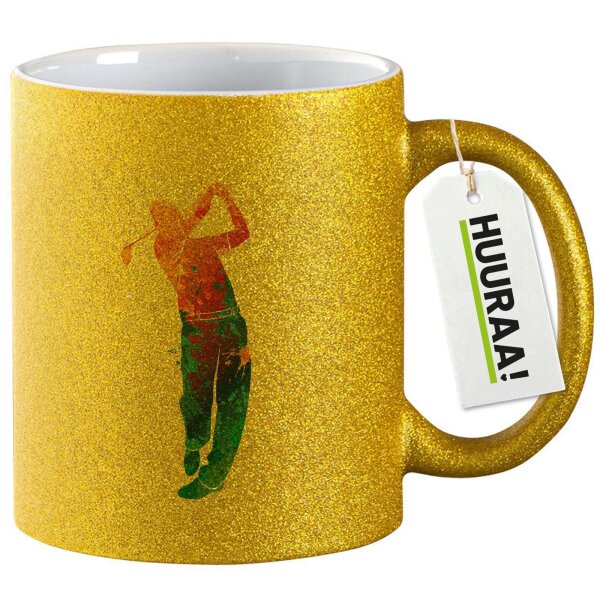 Glitzertasse Golf Spieler bunte Silhouette 330ml