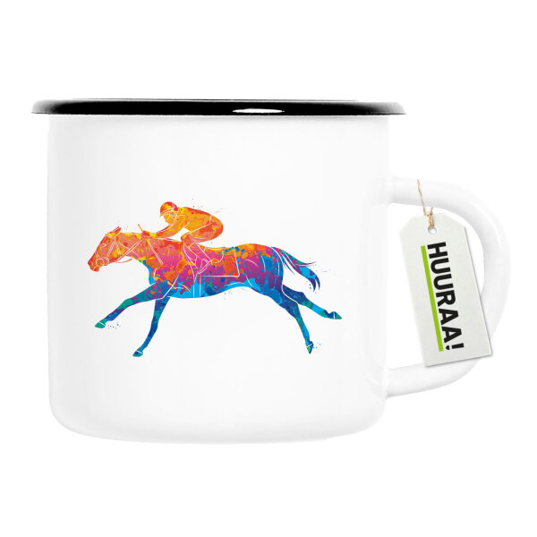 Emaille Tasse Pferderennen Jockey bunte Silhouette 300ml Vintage