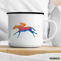 Emaille Tasse Pferderennen Jockey bunte Silhouette 300ml Vintage