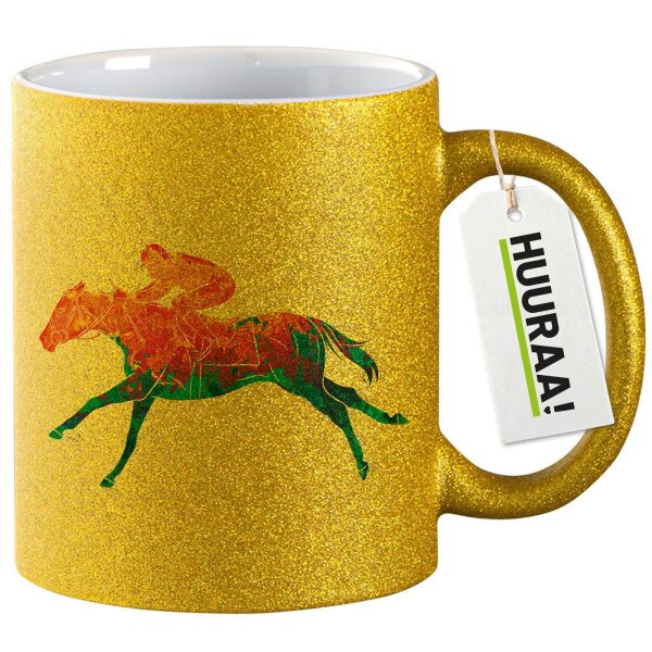 Glitzertasse Pferderennen Jockey bunte Silhouette 330ml