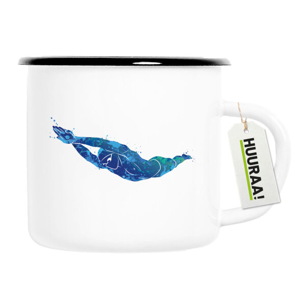 Emaille Tasse Schwimmen bunte Silhouette 300ml Vintage