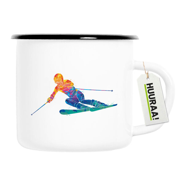 Emaille Tasse Ski fahren bunte Silhouette 300ml Vintage