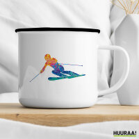Emaille Tasse Ski fahren bunte Silhouette 300ml Vintage Emaille Becher