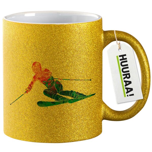 Glitzertasse Ski fahren bunte Silhouette 330ml