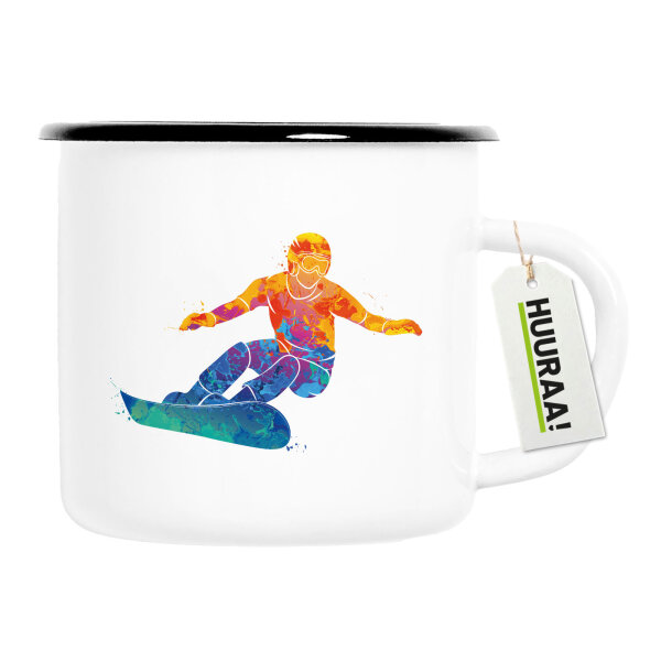 Emaille Tasse Snowboarden bunte Silhouette 300ml Vintage