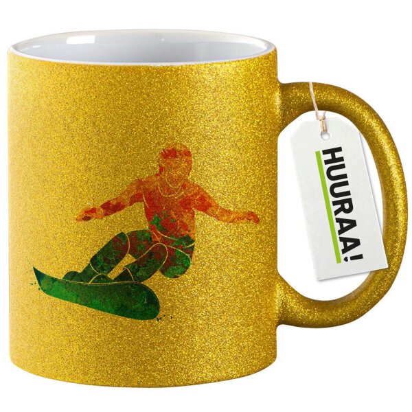 Glitzertasse Snowboarden bunte Silhouette 330ml