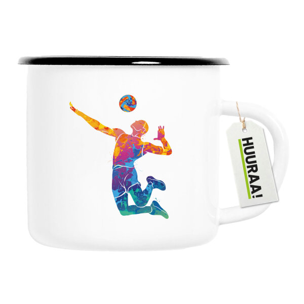Emaille Tasse Volleyballer bunte Silhouette 300ml Vintage Emaille Becher