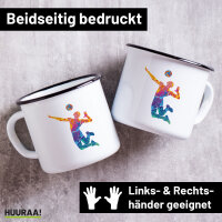 Emaille Tasse Volleyballer bunte Silhouette 300ml Vintage