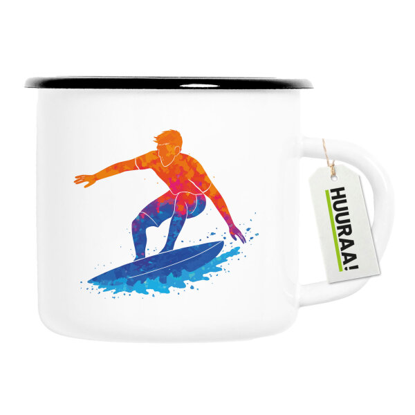 Emaille Tasse Surfen bunte Silhouette 300ml Vintage Emaille Becher