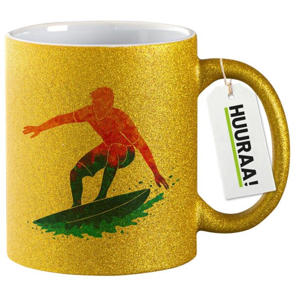 Glitzertasse Surfen bunte Silhouette 330ml