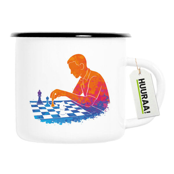 Emaille Tasse Schach bunte Silhouette 300ml Vintage