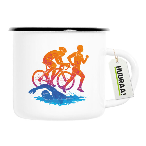 Emaille Tasse Triathlon bunte Silhouette 300ml Vintage Emaille Becher